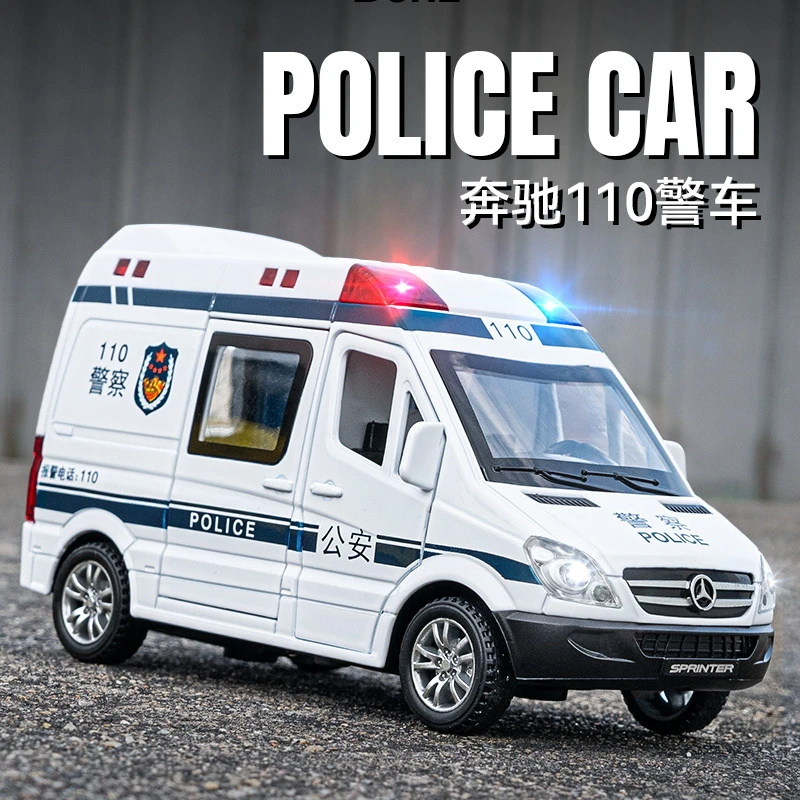 车致1:32 奔驰110警车合金模型 开门声光回力警示牌人偶玩具车
