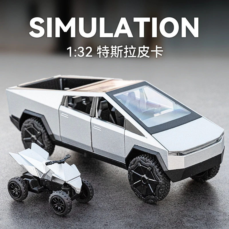 车致1:32 特斯拉Cybertruck合金皮卡车模型 开门声光回力带摩托
