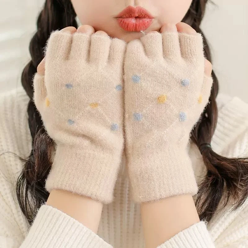 半指手套女冬天五指露指针织毛线手套韩版学生写字半截保暖防寒潮