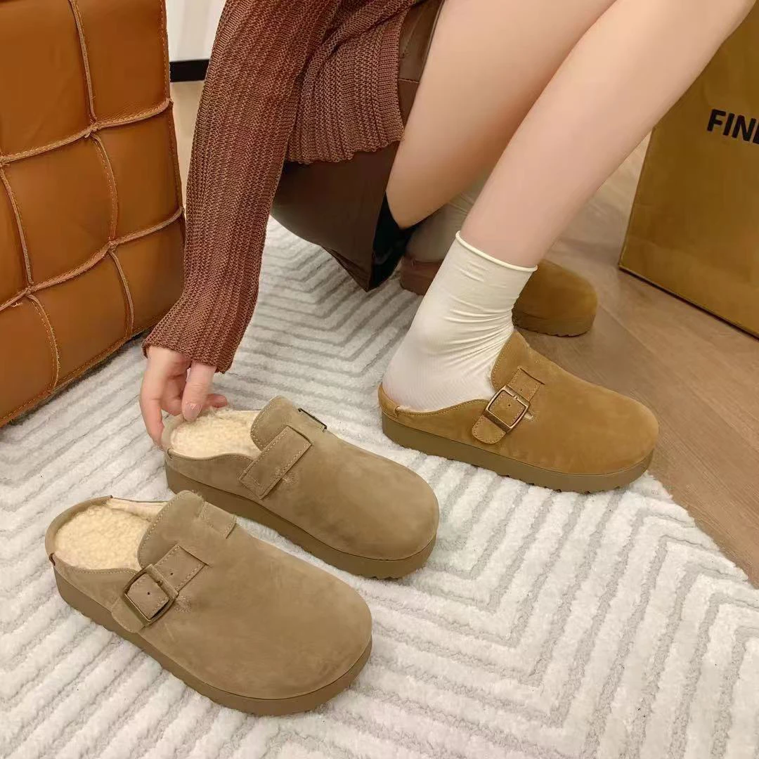 KAMANZHE/卡曼哲2024秋冬新款软底软面时尚加绒保暖包头半拖鞋