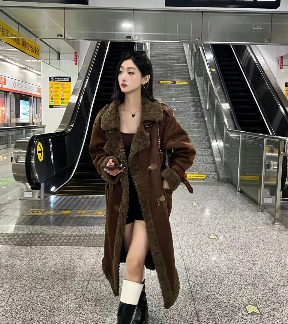 设计师高级感复古加厚保暖中长款大衣女士加厚咖色冬季外套轻奢