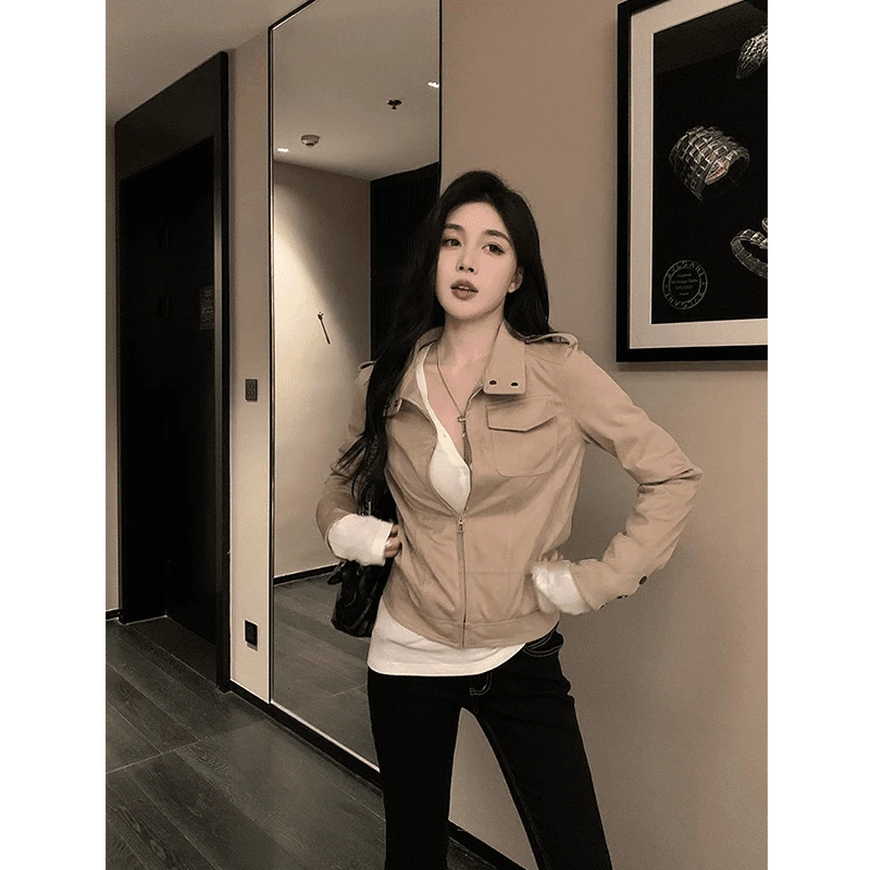 时尚穿搭女士秋季英伦工装风长袖短款夹克外套百搭裤子显瘦微喇裤