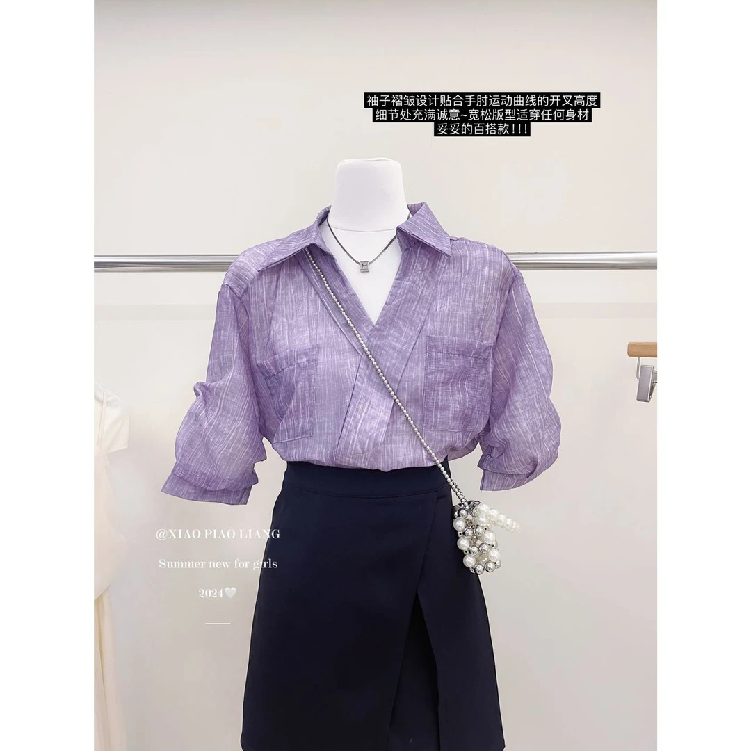 法式尤莱特显瘦小众夏季上衣紫色翻领宽松气质洋气衬衣6534#0.1