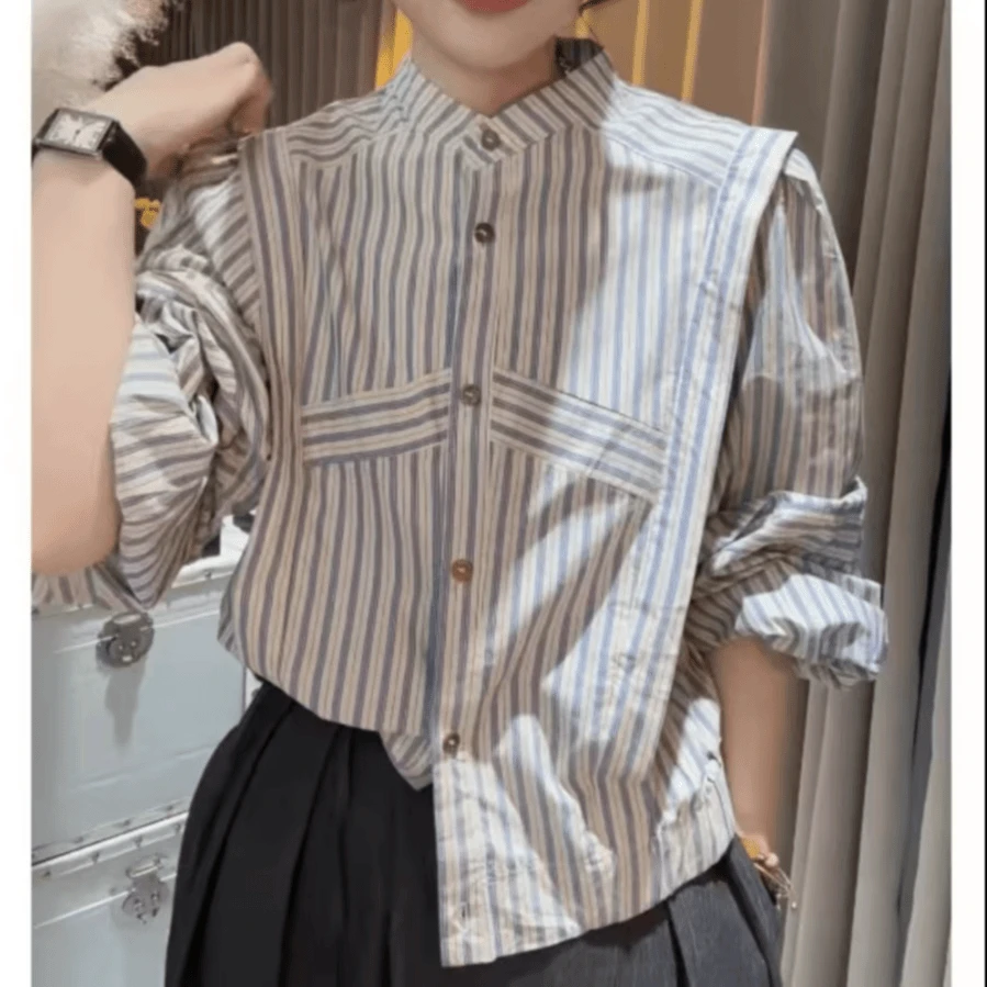 洋气独特高级感衬衣2024秋季新款韩系条纹衬衫女外搭潮9582#0.1