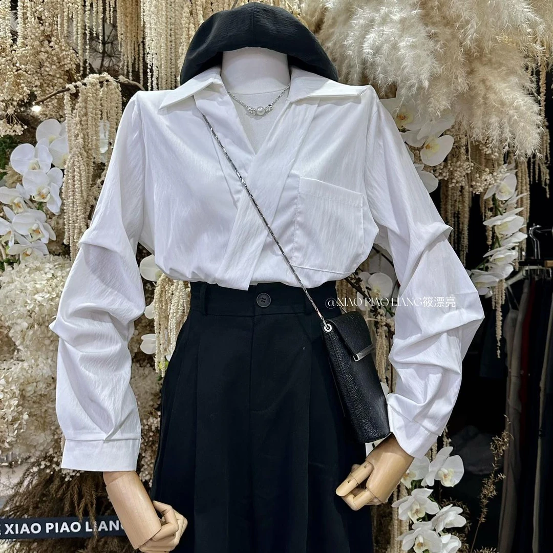 新款法式气质简约百搭V领设计感小众白色长袖衬衣6587-1#0.1 DL