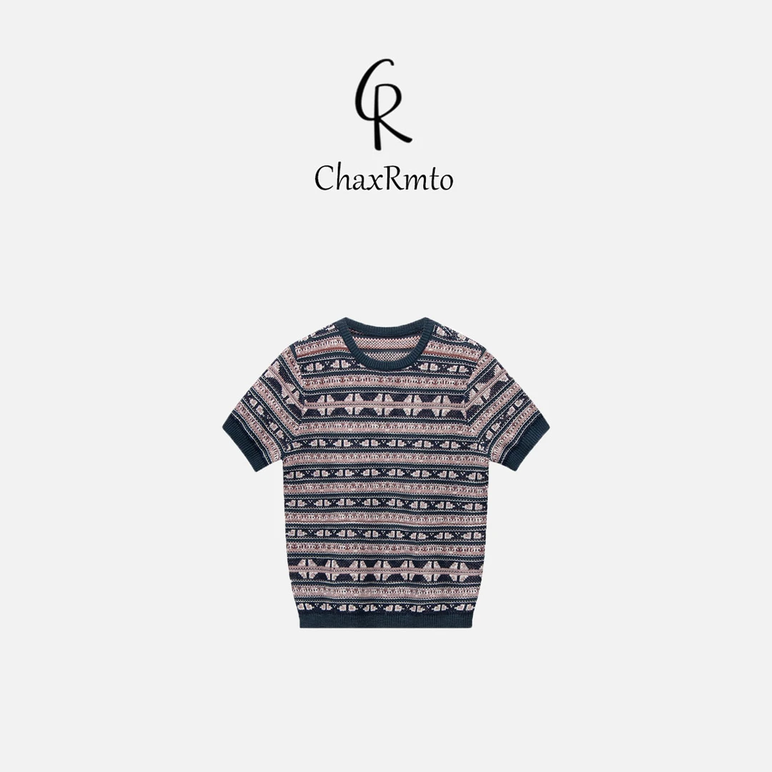 ChaxRmto 夏季高级感撞色圆领短袖针织衫休闲上衣 斯斯CC1B0778