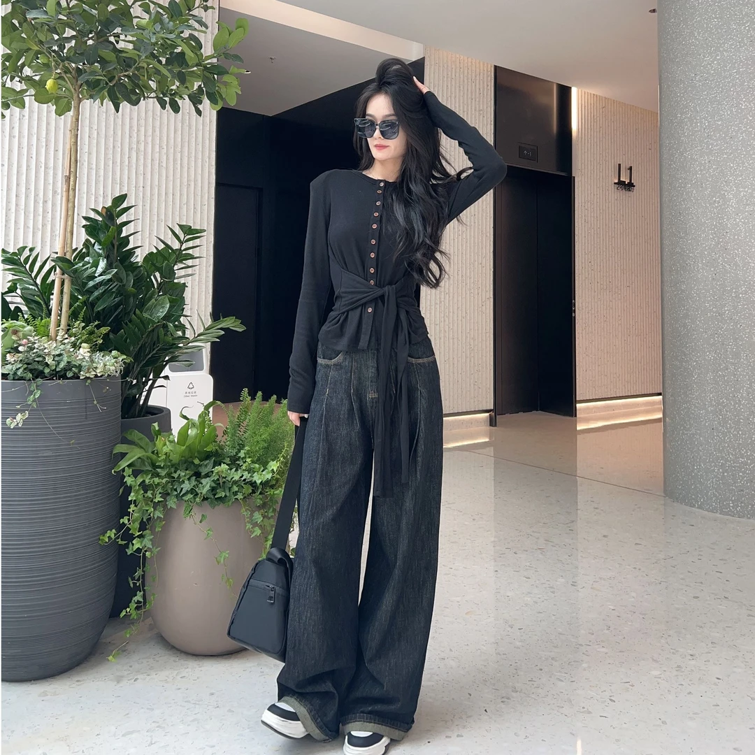 2024设计感休闲阔腿牛仔裤女春秋新款高腰宽松褶皱垂感拖地裤