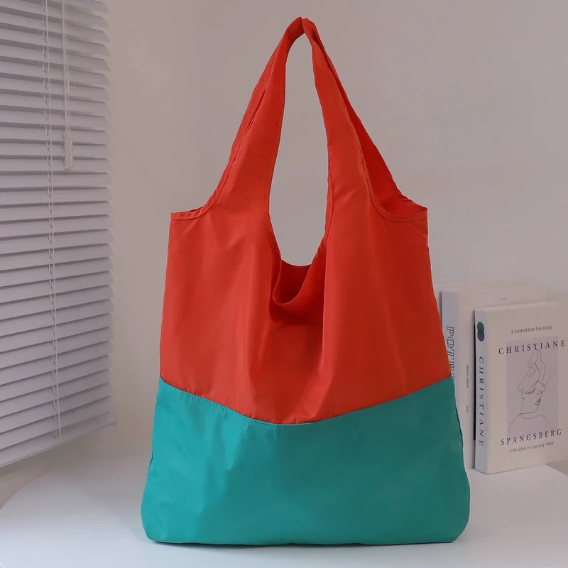 可折叠购物袋便携休闲单肩尼龙环保袋超市买菜包时尚撞色外贸女包