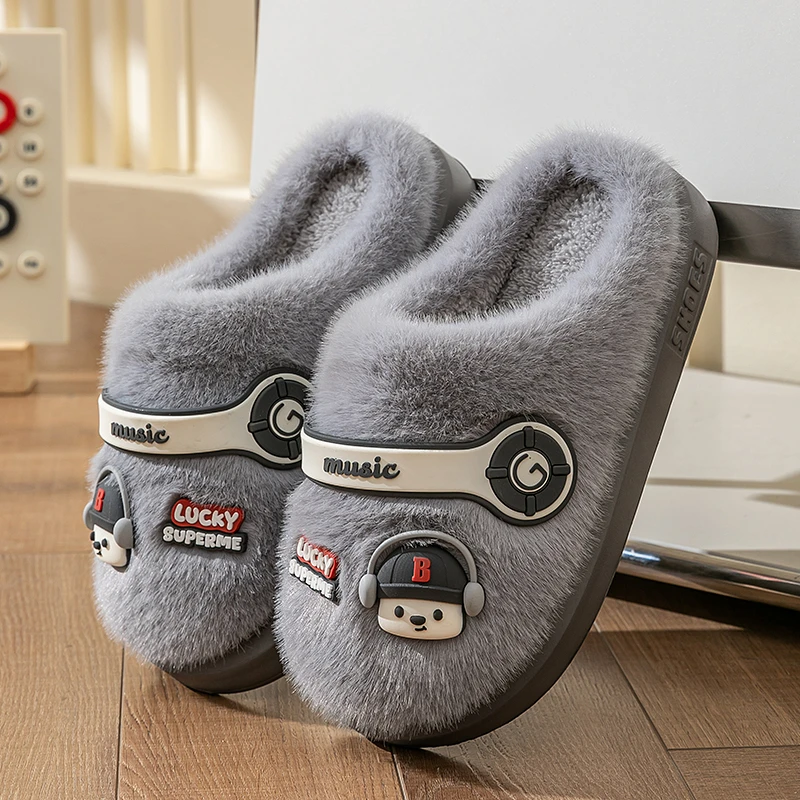 冬季新款男童中大童棉拖鞋学生家居室内加绒加厚防滑儿童毛毛拖鞋