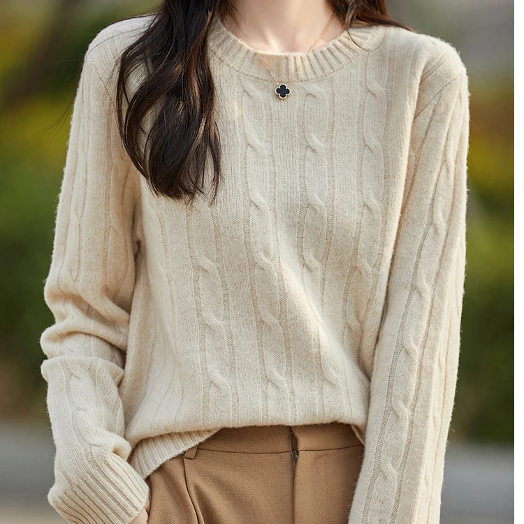 秋冬新款100纯羊毛衫女圆领复古麻花加厚针织衫宽松显瘦百搭