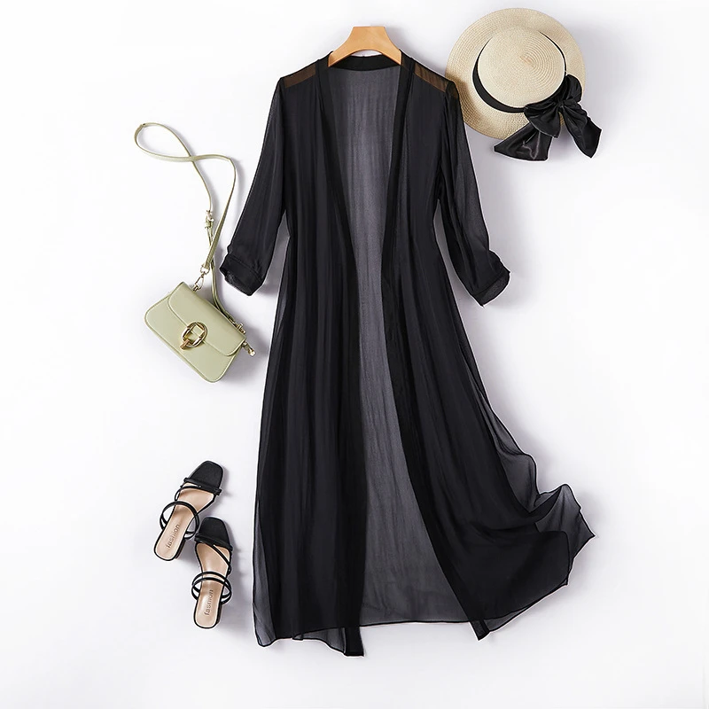 桑蚕丝防晒衣百搭中长款外套披肩女长裙外搭开衫薄款真丝空调衫夏