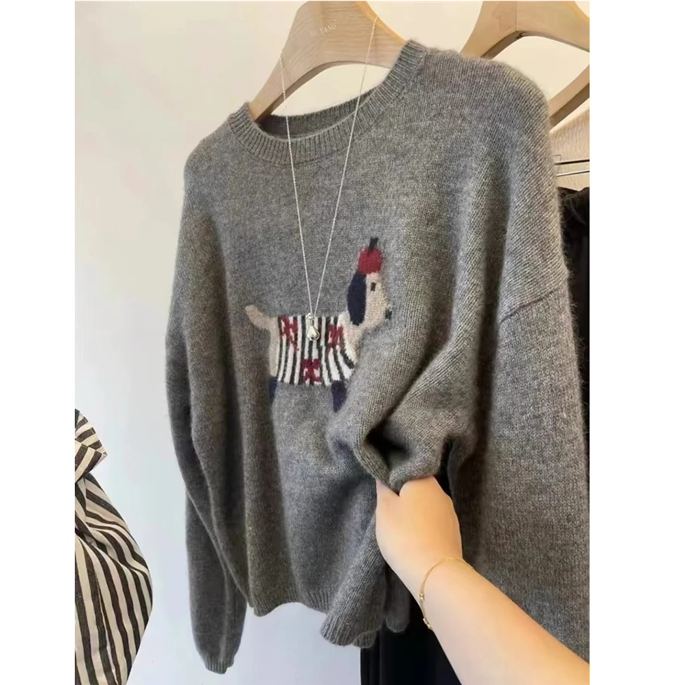 142#2025新款冬季时尚韩版加厚宽松灰色显瘦网红小狗打底毛衣女