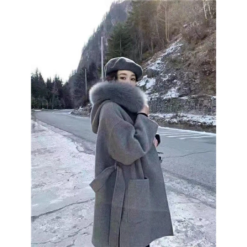 【551】秋冬新款大毛领连帽时尚加厚保暖外套宽松休闲气质呢子大衣