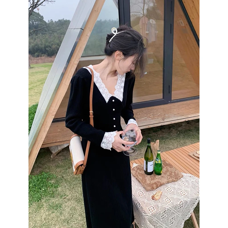 【525】2023年秋冬新款别致高级感长裙法式小香风针织打底连衣裙