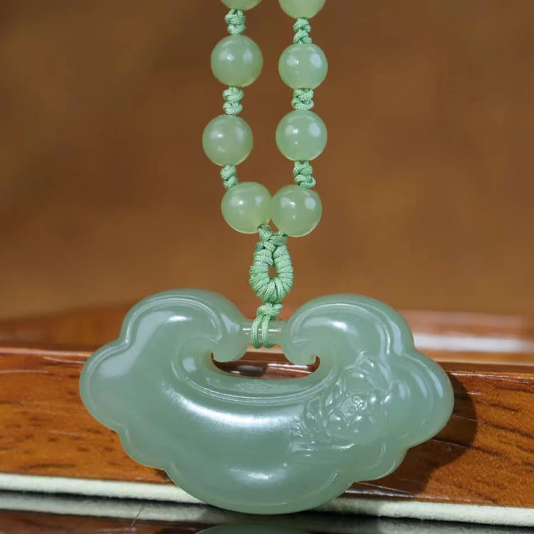 天然和田玉晴水莲花如意锁毛衣链复古祥云锁编绳项链气质女款礼物