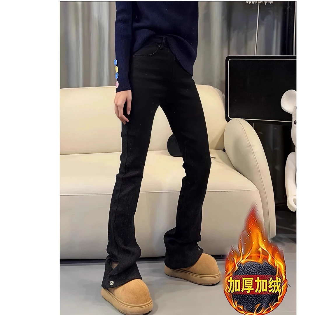秋冬新款加绒加厚弹力高腰直筒开叉拖地马蹄裤女胖mm微喇牛仔裤