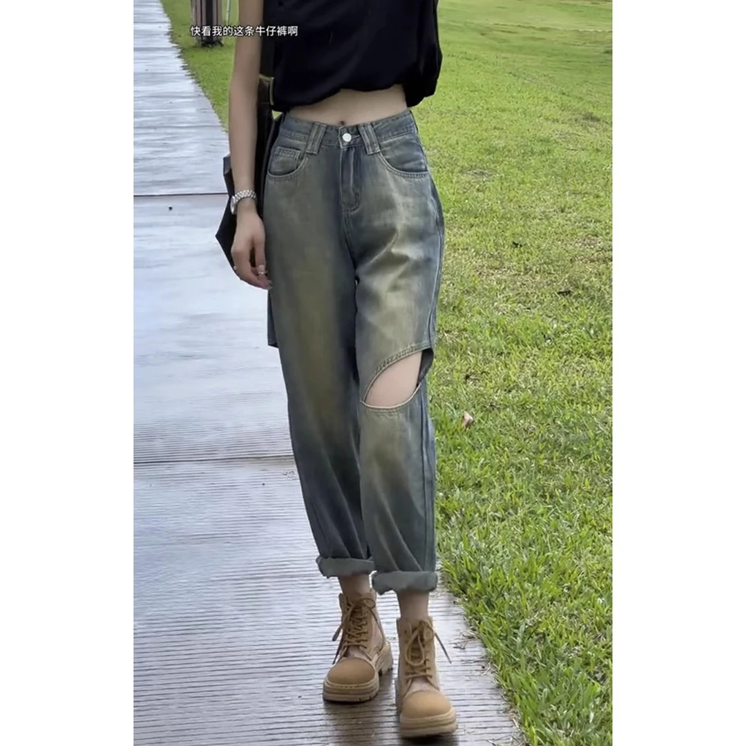 梨形身材微胖穿搭大码破洞牛仔裤子女2025年春季胖mm哈伦老爹裤