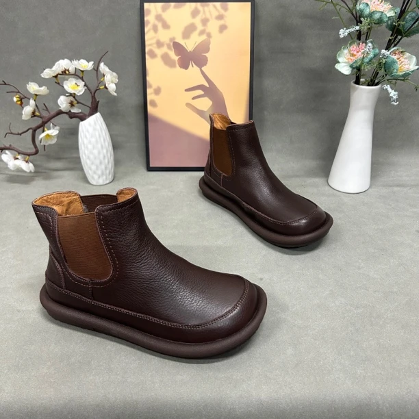 638-81A圆头软底女靴薄绒圆头2024冬新款高帮懒人一脚蹬高帮复古