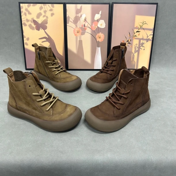 617侧拉链方头软底纯手工个性超轻前系带高帮真皮复古风高帮鞋女