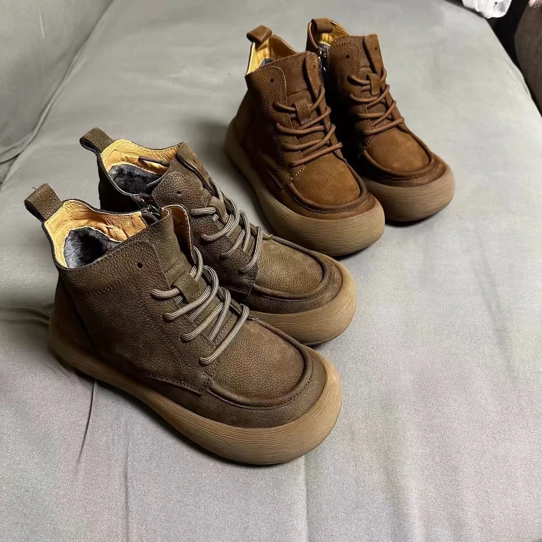 (加棉)真皮女靴复古风马丁靴1099-1牛皮休闲鞋平底马丁靴妈妈鞋