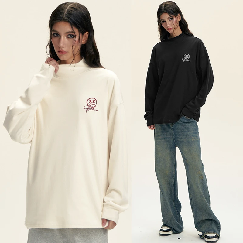 小恶魔半高领德绒时尚休闲圆领长袖打底衫秋季宽松情侣内搭上衣