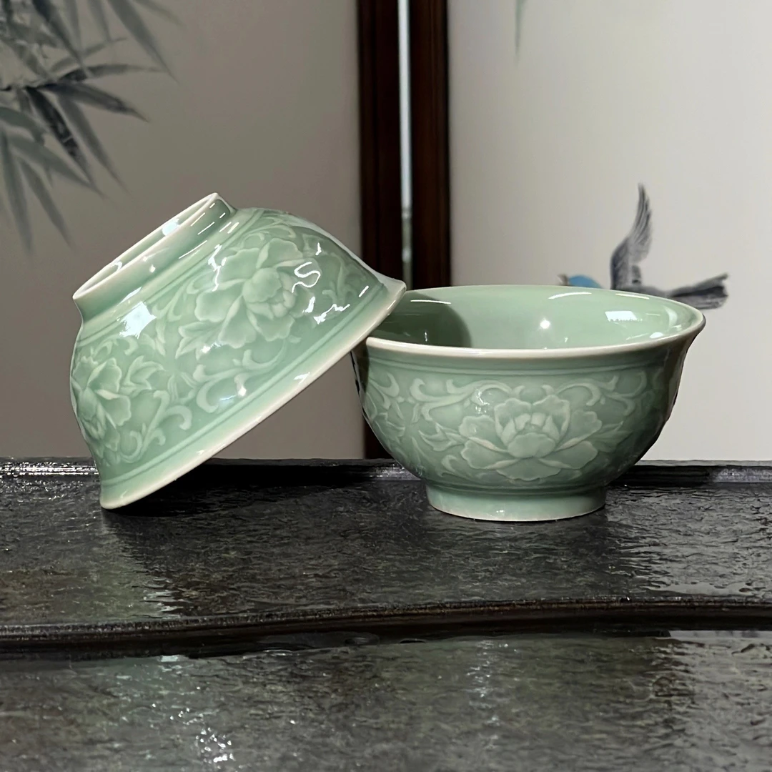 【长安知己】中国非遗「微瑕4.7英寸浮雕牡丹碗」耀州陶瓷餐具米饭碗