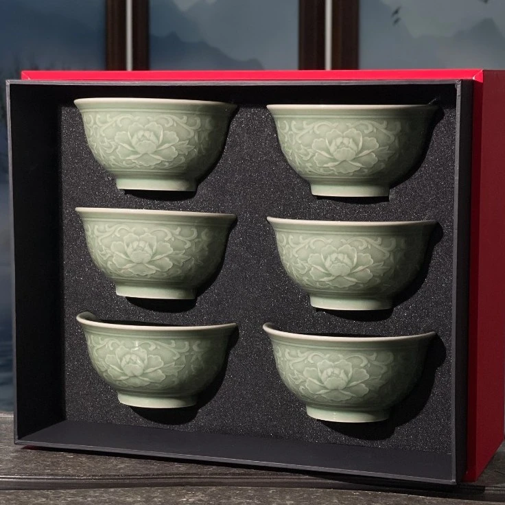 【长安知己】天青秘色4.7英寸浮雕牡丹碗6只礼盒装耀州窑青瓷饭碗