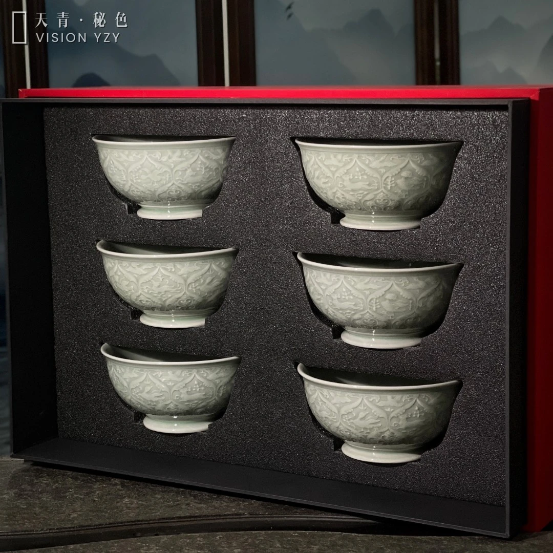 长安知己耀州窑原矿高温青瓷5.5英寸花舞大唐春6只礼盒装餐碗套装