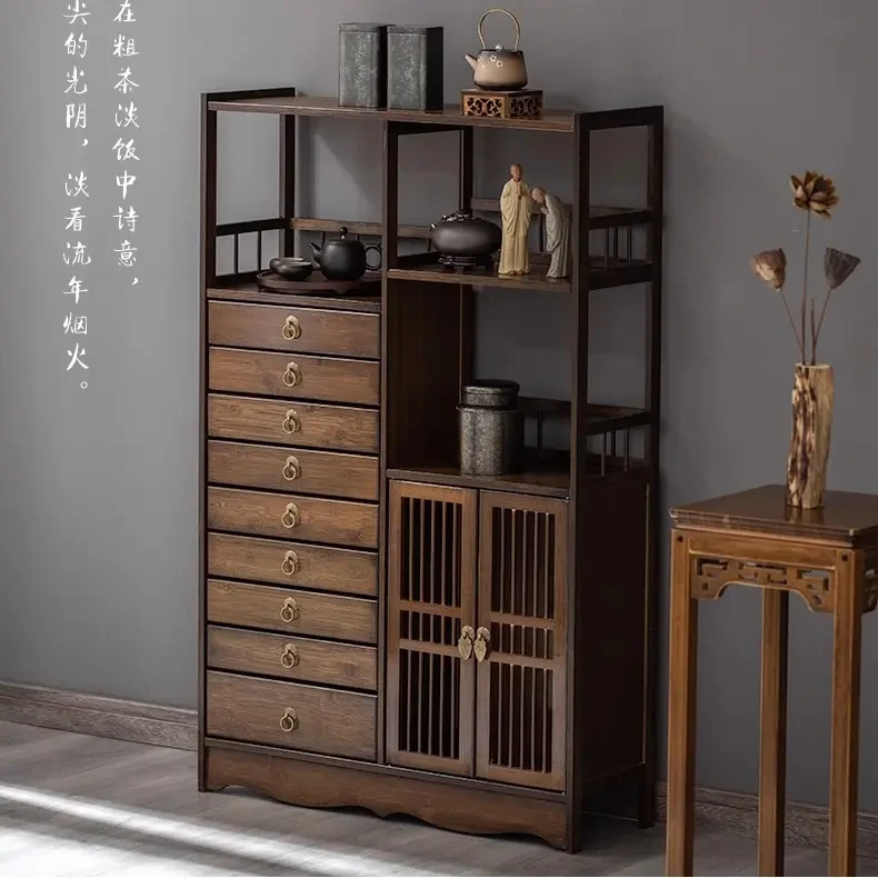 博古架新中式茶柜茶具摆件茶叶柜置物架古董架子多宝阁楠竹收纳柜
