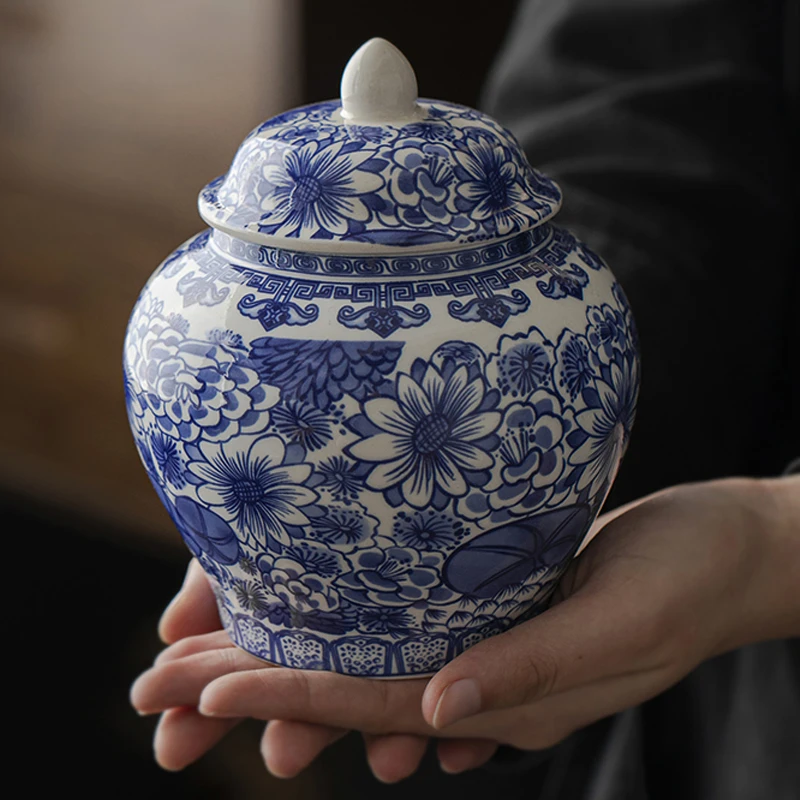 陶瓷罐茶叶收纳罐青花将军茶叶罐防潮储茶罐干货密封罐绿茶红茶