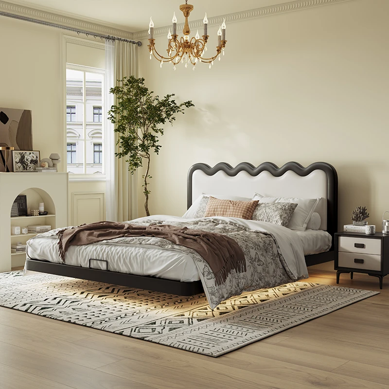 轻奢悬浮床侘寂风真皮床现代简约1.8米双人大床奶油风软包悬空床