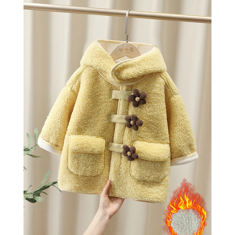女童2023新款韩系加绒外套新款秋冬洋气加厚立体小花扣长款毛毛衣
