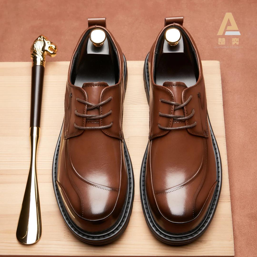 高档轻奢大头厚底皮鞋男款真皮商务休闲爸爸软底软皮增高黑英伦风