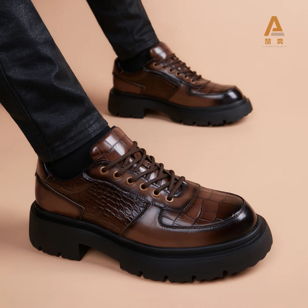 高贵上档次增高休闲皮鞋男款2025新款爆款英伦风百搭鳄纹厚底潮牌