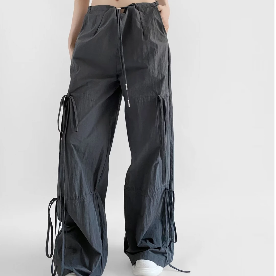 美式个性抽绳收腰工装裤女夏季薄款酷飒风阔腿宽松长裤显瘦休闲裤