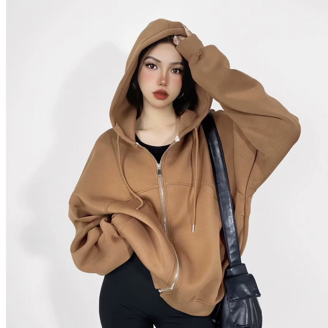 美式慵懒纯色休闲中长款卫衣外套加厚秋冬抽绳拉链式宽松开衫女