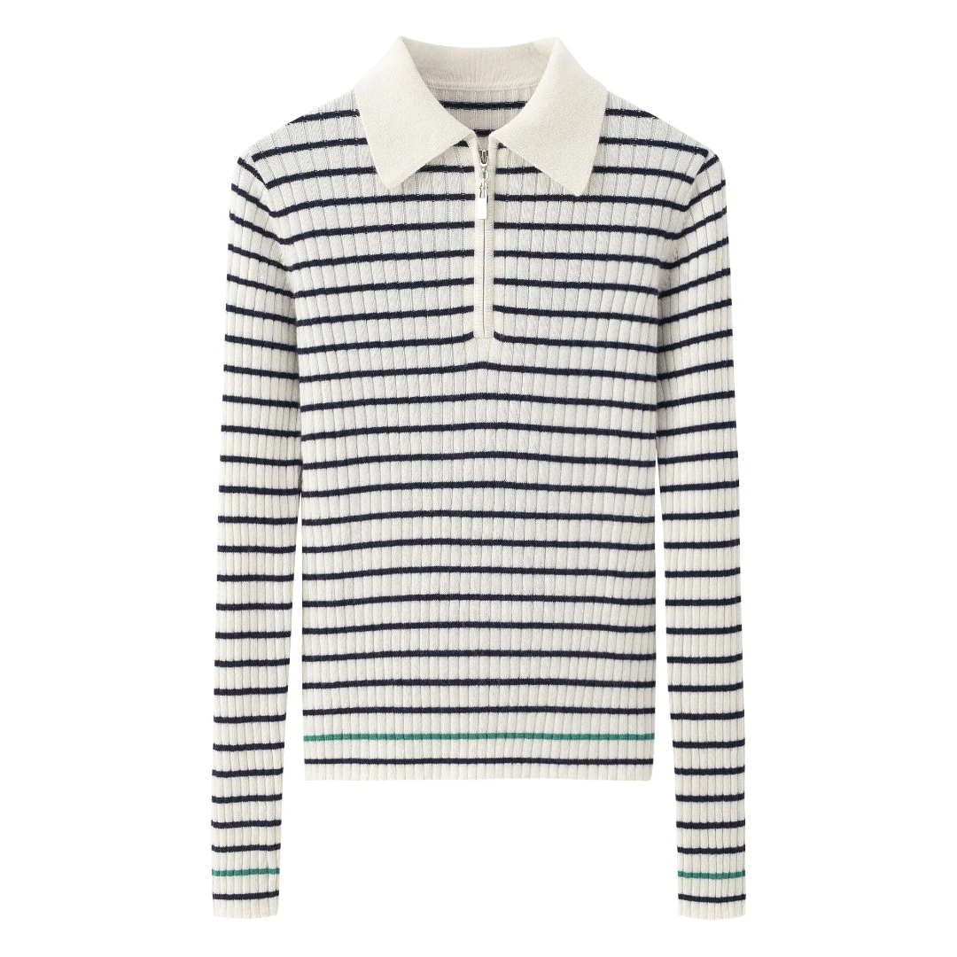 绒心羊绒 小翻领抽条女套衫条纹针织衫长袖女装上衣打底毛衣时尚