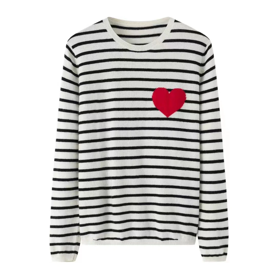 绒心羊绒 圆领夹条爱心女套衫条纹针织衫毛衣女装长袖撞色上衣