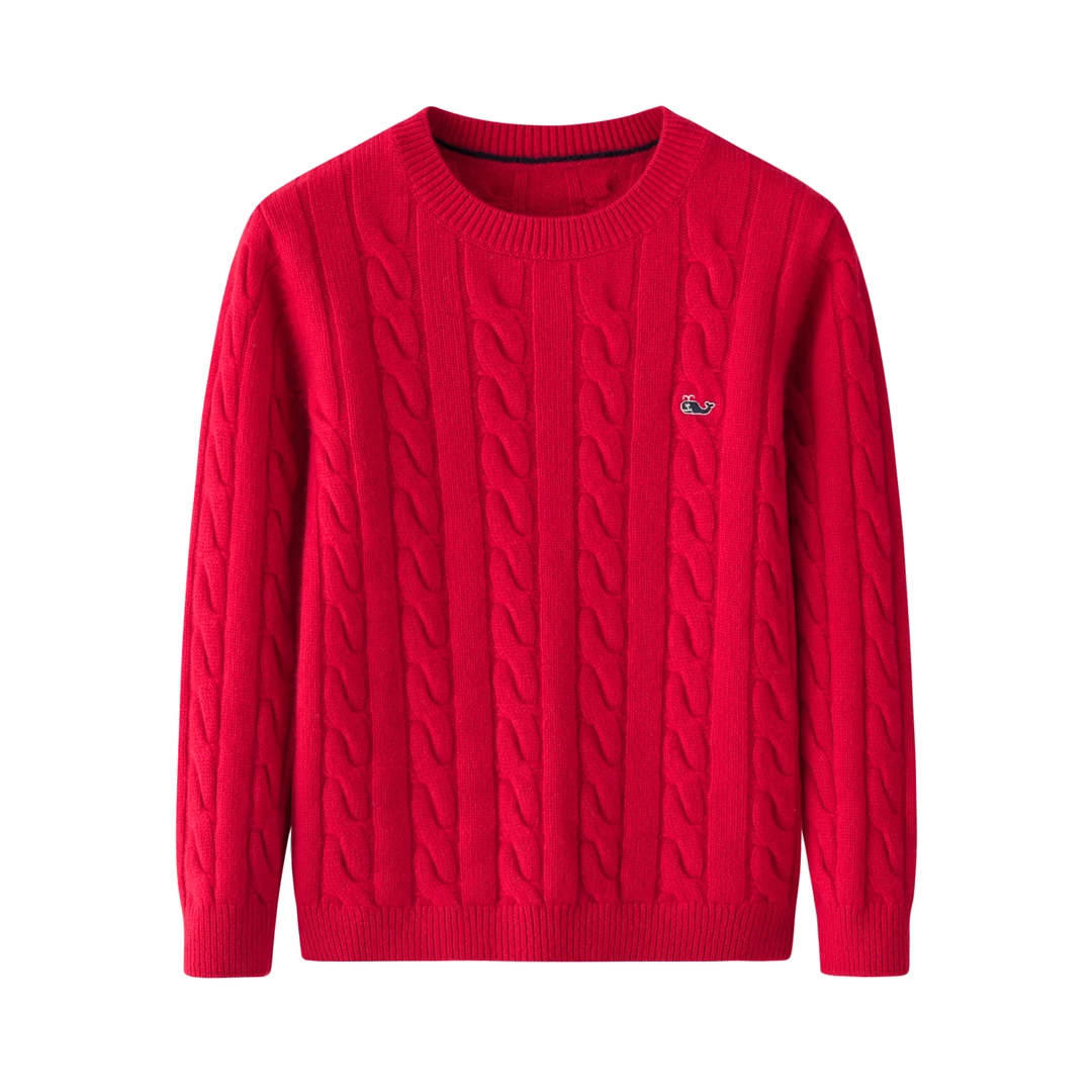 绒心羊绒针织儿童麻花小鱼套衫休闲红色宽松保暖提花绞花秋冬