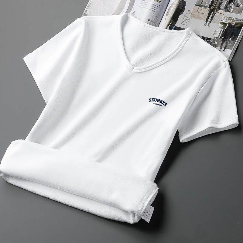 白色短袖t恤男装潮流V领上衣服秋冬季加绒加厚半袖保暖打底衫体恤