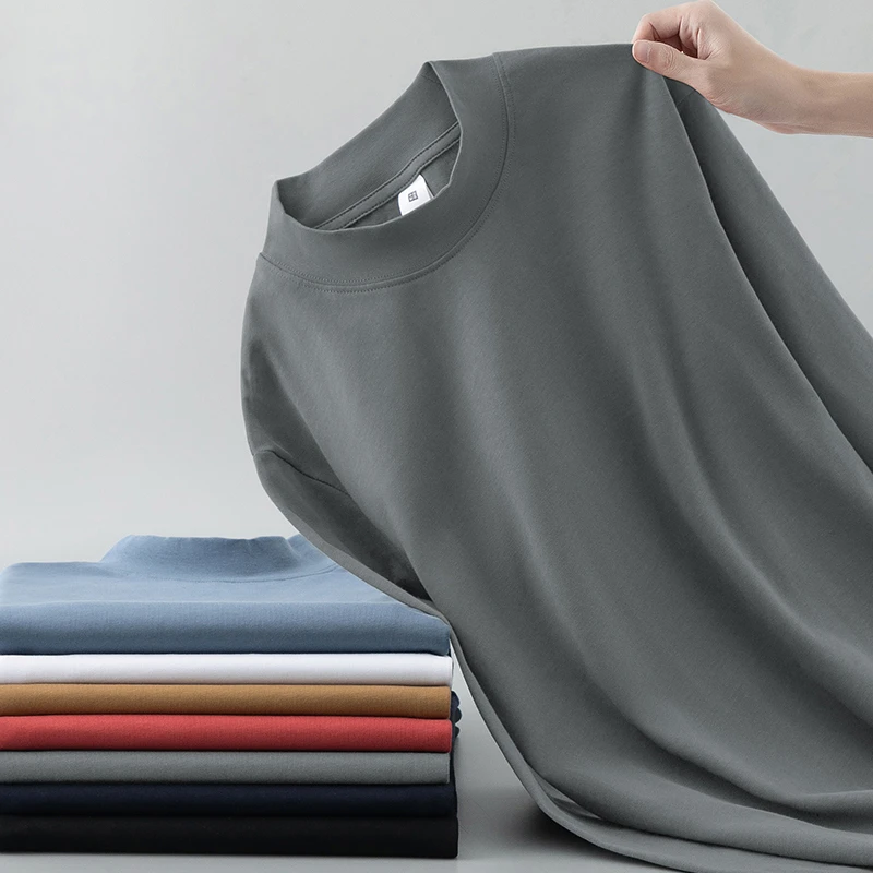 重磅纯棉t恤男士长袖2025秋季新款半高领体恤中领全棉内搭打底衫