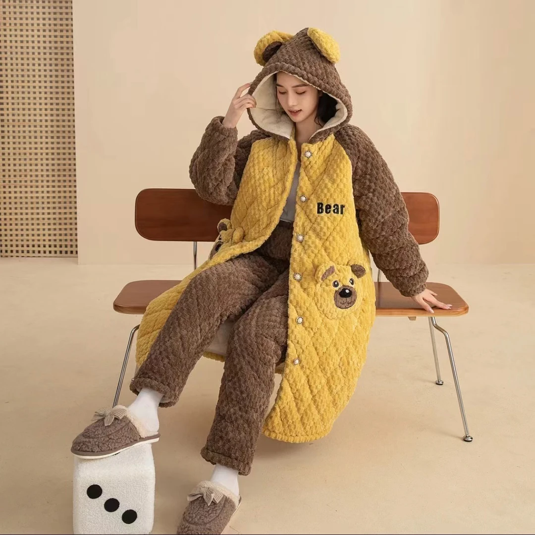 新款系列「咖色小熊23年新款睡衣三层加绒加厚冬季套装」