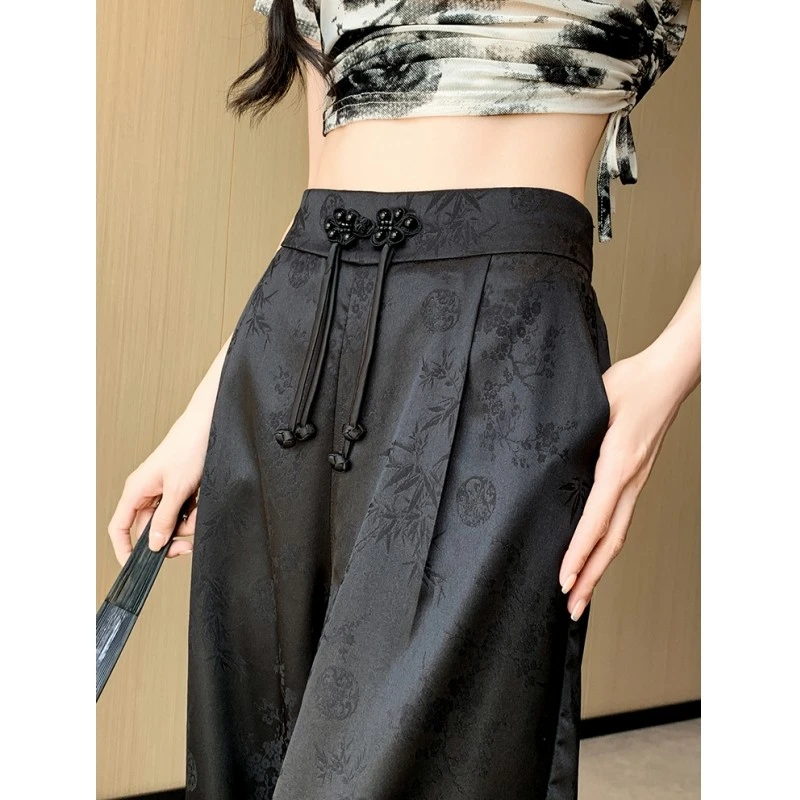 新中式提花阔腿裤女夏季薄款冰丝缎面休闲裤子高腰国风装裤设计感