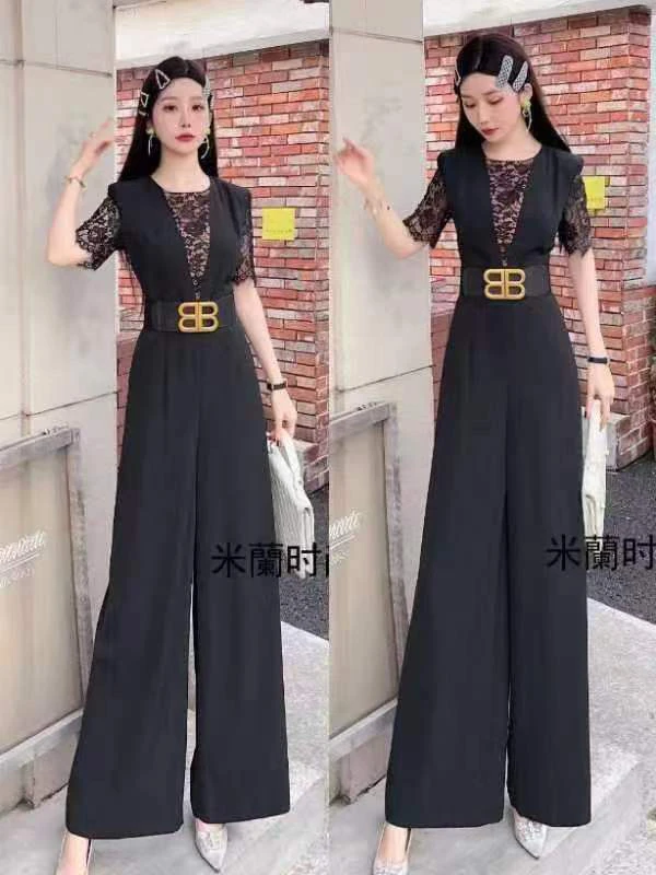 显瘦气质时尚夏季阔腿连体裤印花女装高腰休闲洋气百搭名媛61353