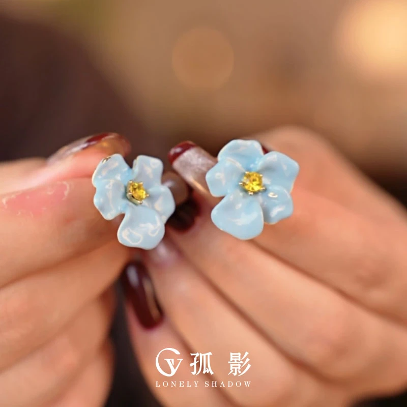 黄铜耳饰 法式蓝色鸢尾花朵耳环滴油耳钉小众设计感耳饰【GY324】