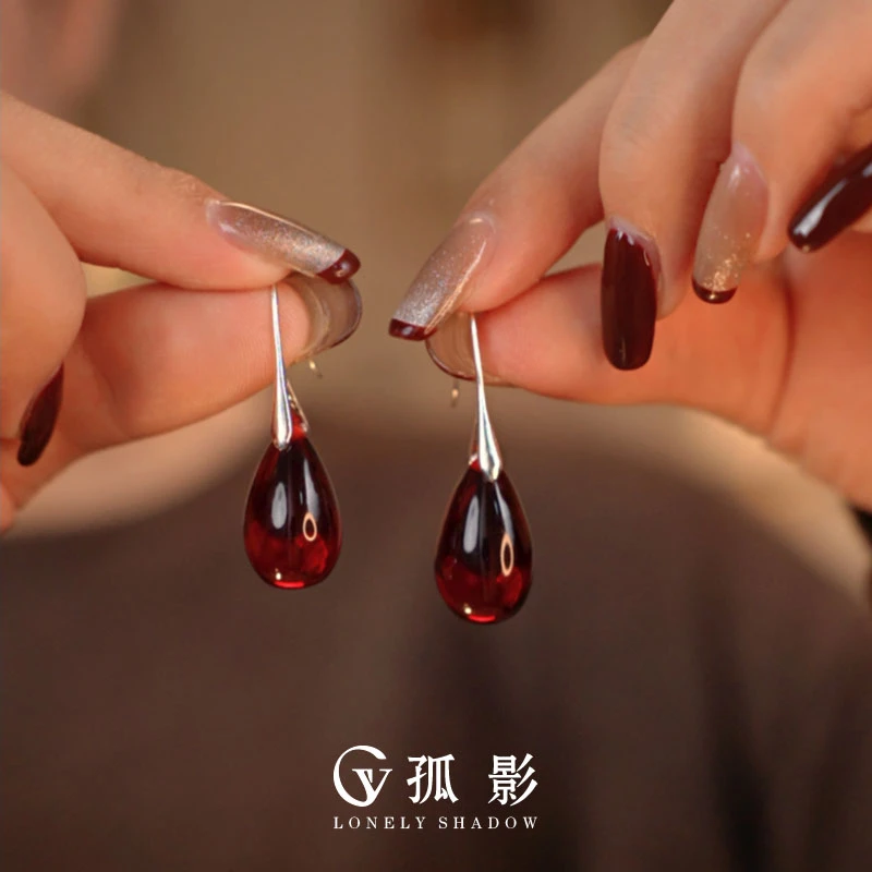 925银玻璃耳饰 港风耳环 复古小众耳坠 简约红色水滴耳钩【GY322】