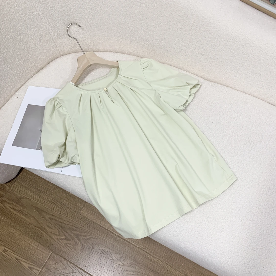 U179A    优雅打褶圆领泡泡花苞袖别致正肩短袖小衫（卡码拍大）