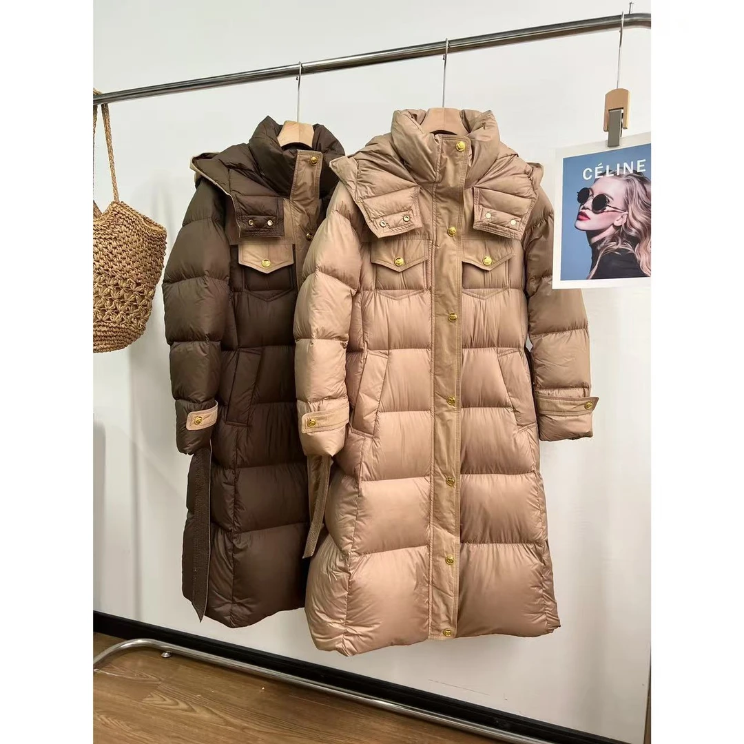 小静折扣~P553P 双向拉链拼色连帽中长款羽绒服外套 （卡码拍大）