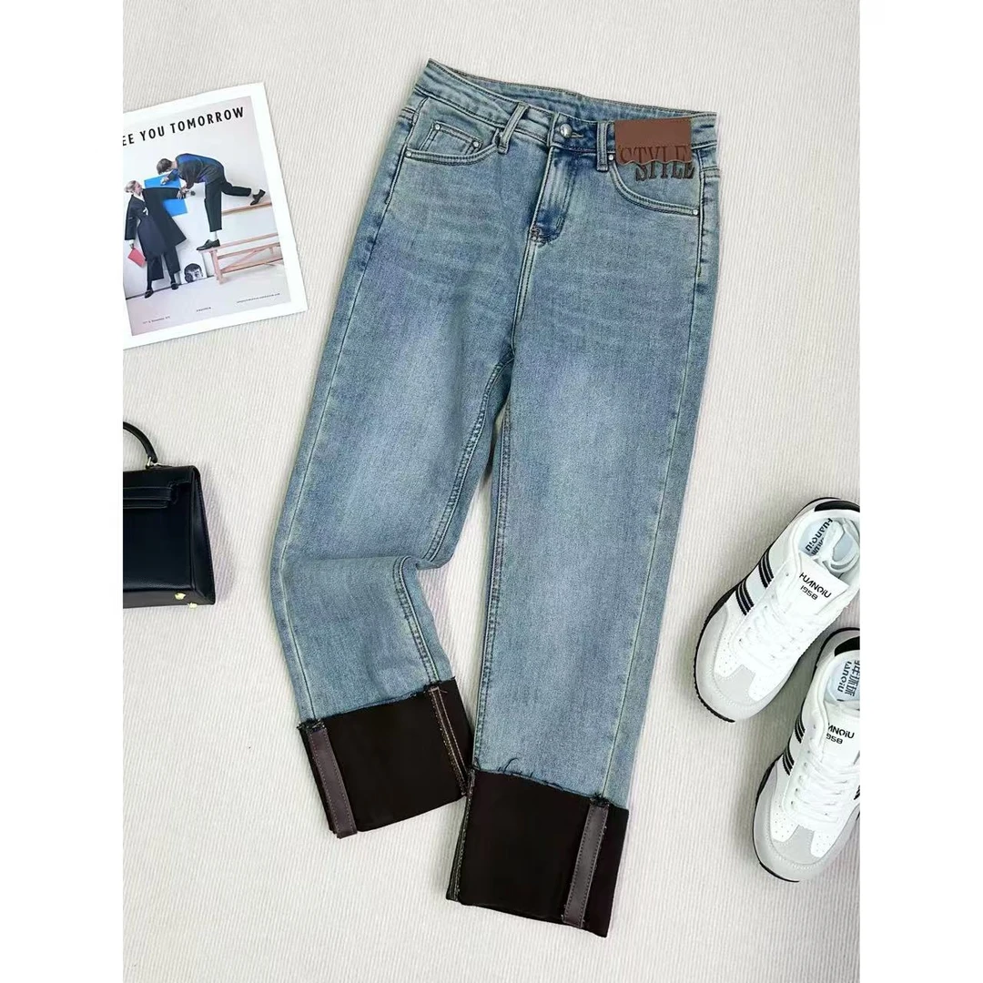 小静折扣~NA1480L高腰翻边拼接直筒九分植绒牛仔烟管裤（卡码拍大）