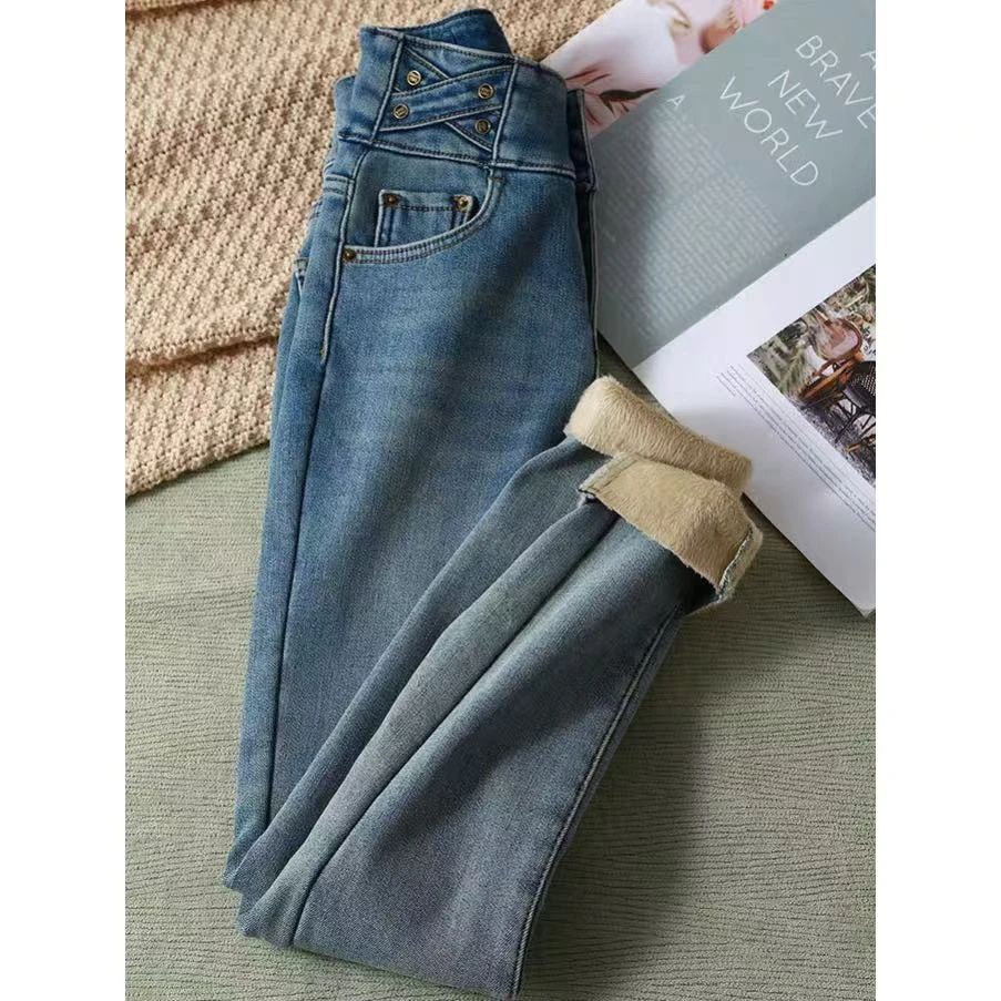 小静折扣~NA1479P高腰加绒加厚直筒九分小脚铅笔牛仔裤（卡码拍大）